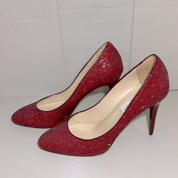 Jimmy Choo sparkly ruby red Shoes with ruby patent heels - Picture 1 of 7
